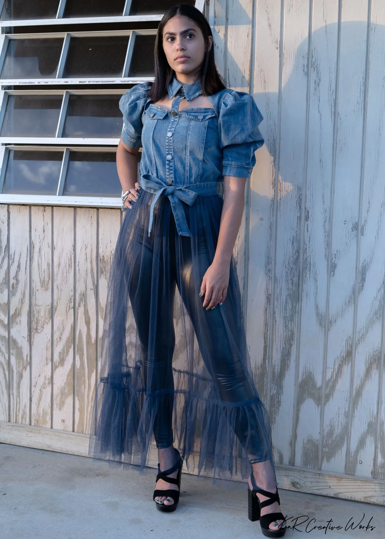 TX6624 Half sleeves Denim tule dress