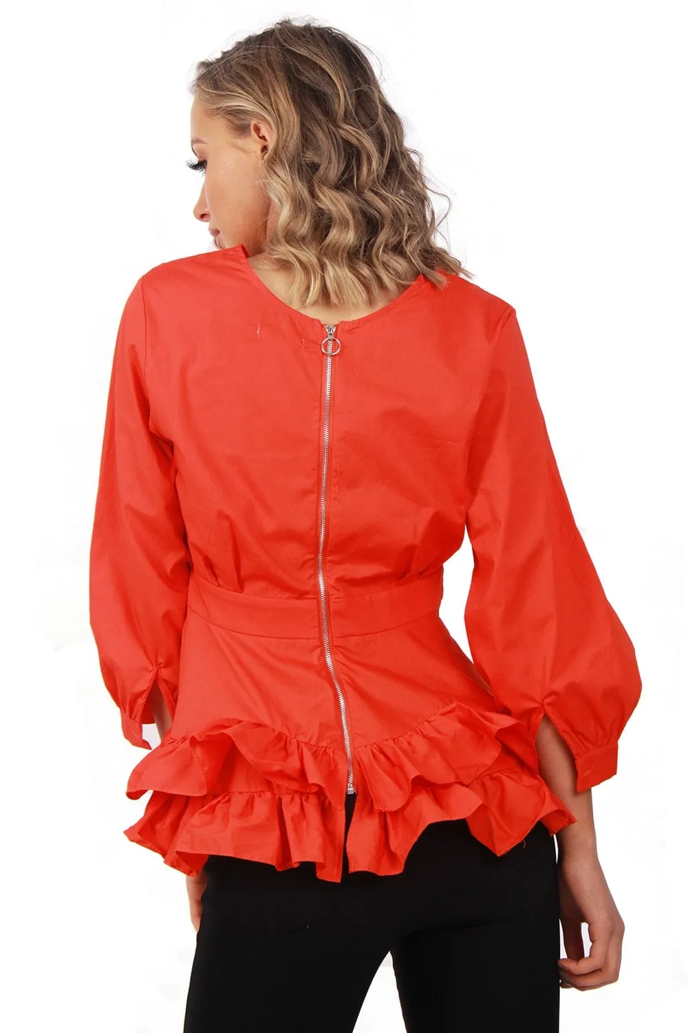 V neck Ruffle Skirt Hem Puffer Sleeves Top