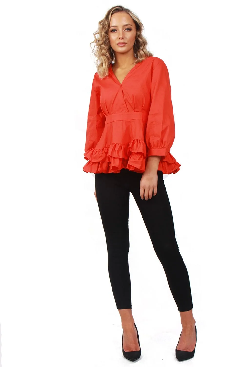 V neck Ruffle Skirt Hem Puffer Sleeves Top