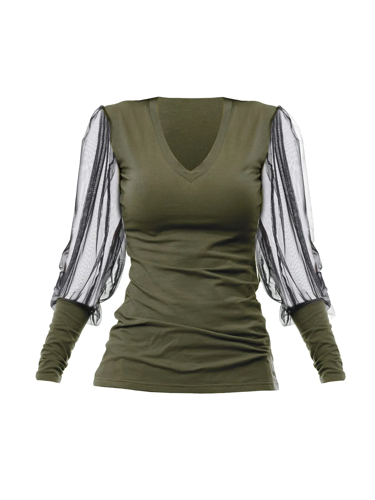 V-Neck Top With Tulle Sleeves In Khaki