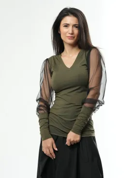 V-Neck Top With Tulle Sleeves In Khaki