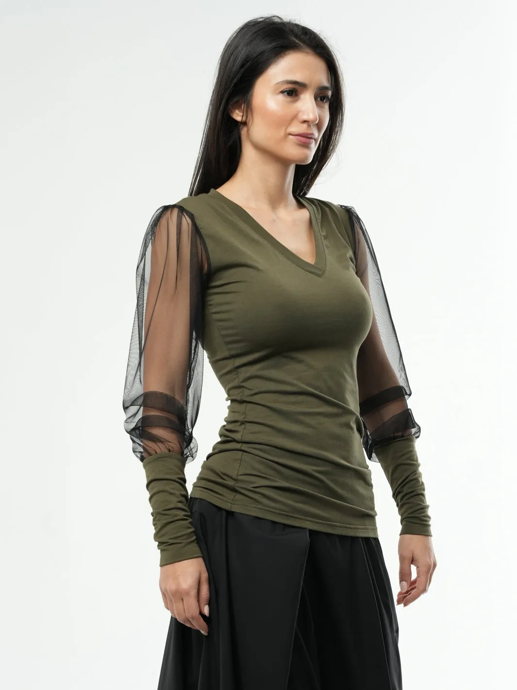 V-Neck Top With Tulle Sleeves In Khaki