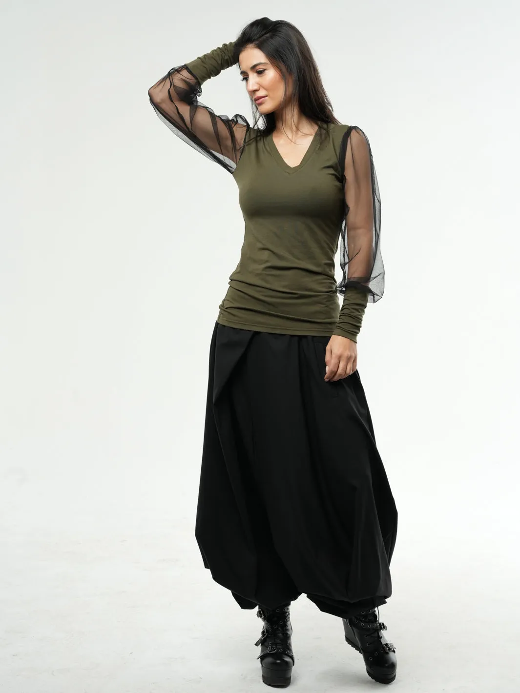 V-Neck Top With Tulle Sleeves In Khaki