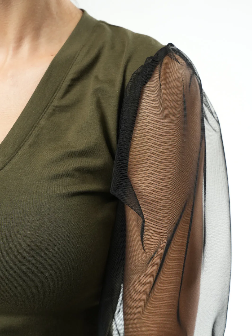 V-Neck Top With Tulle Sleeves In Khaki