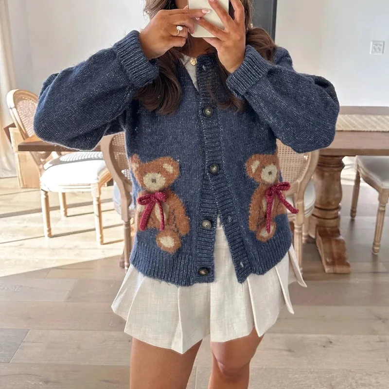 Vevesc Women Cute Bear Print Knitted Sweater Autumn Long Sleeve Round Neck Button Up Knitwear Jacket Lady Fashion Vintage Cardigan