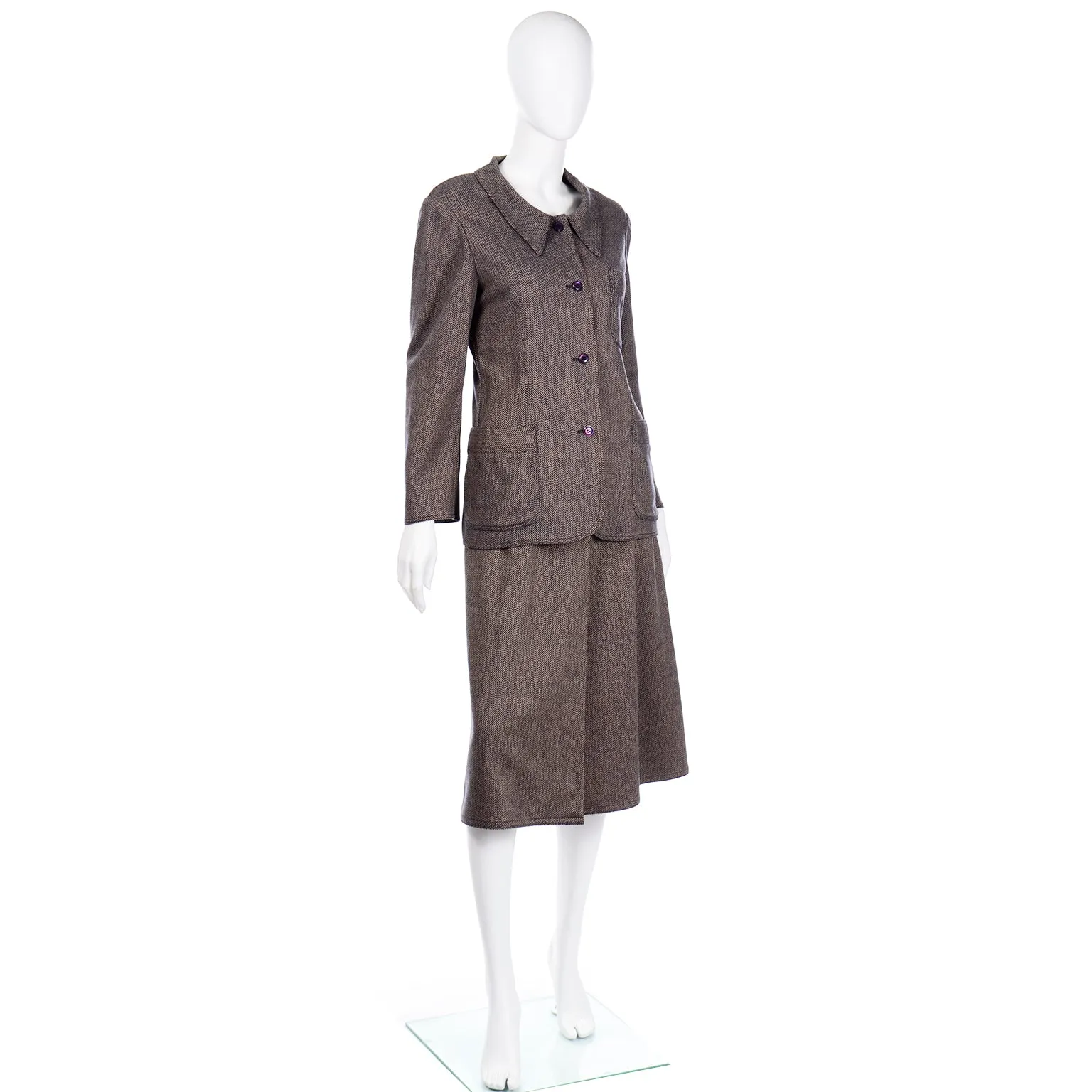 Vintage Geoffrey Beene Brown Chevron Wool Jacket w Skirt