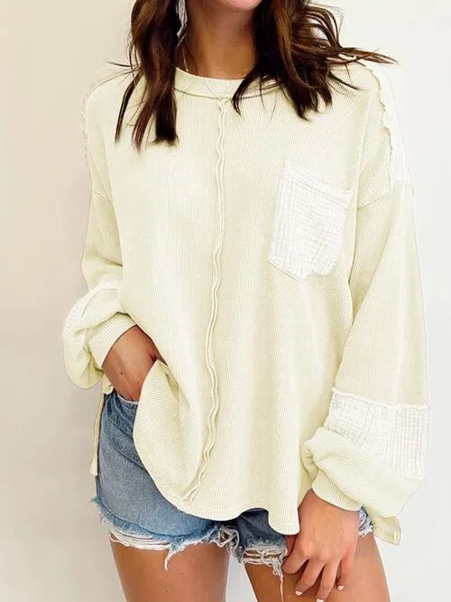 Waffle-Knit Exposed Seam Lantern Sleeve Blouse