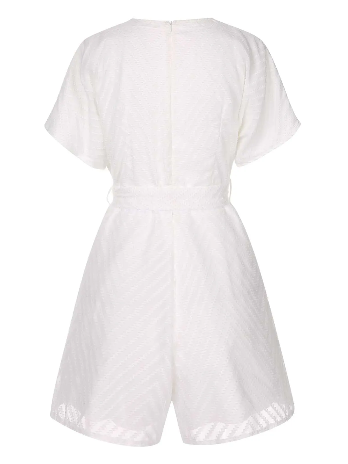 White 1950s Deep V-Neck Textured Belted Romper