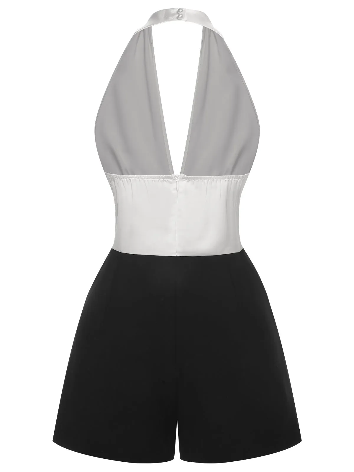 White & Black 1950s Deep-V Halter Romper