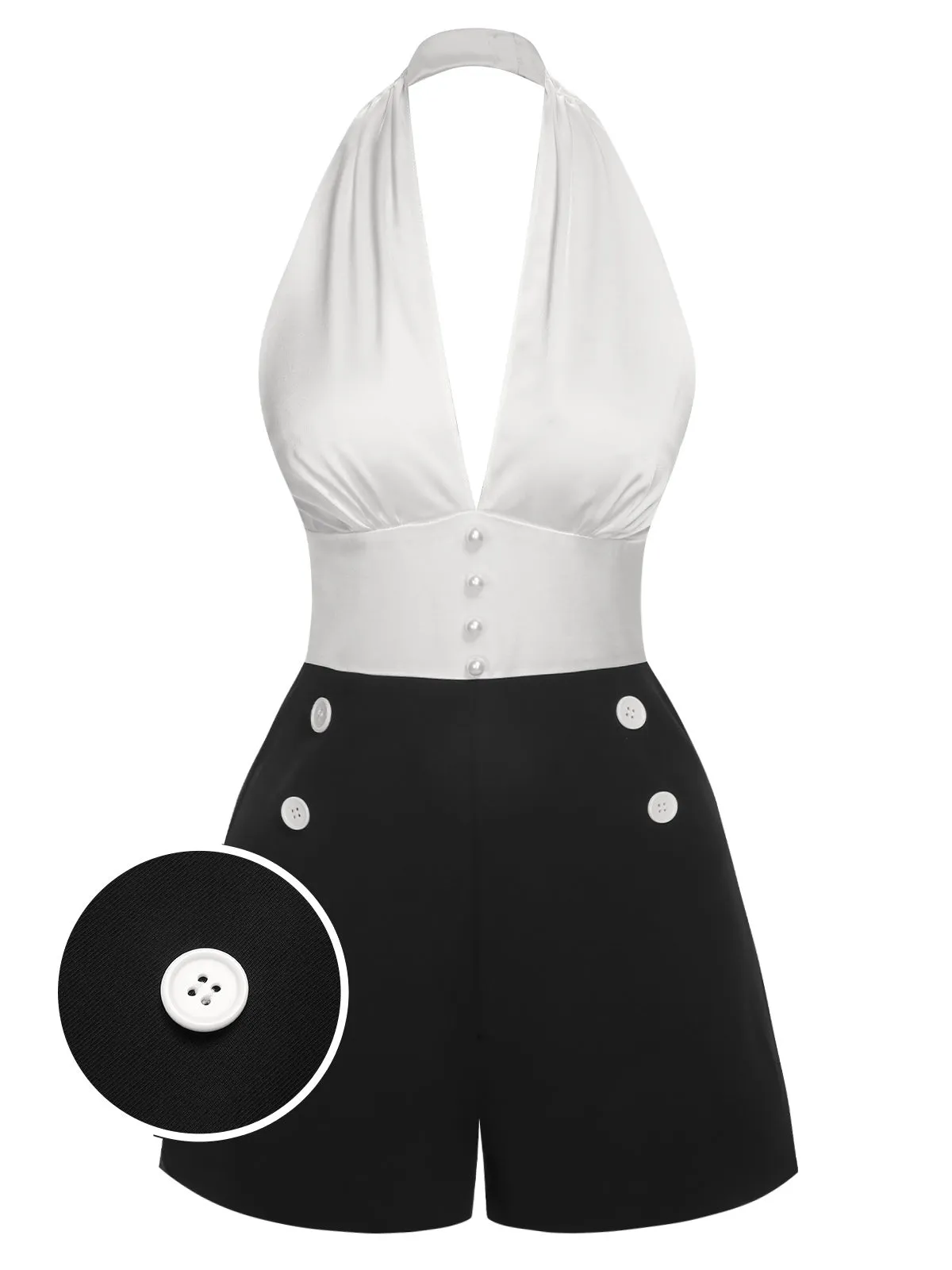 White & Black 1950s Deep-V Halter Romper