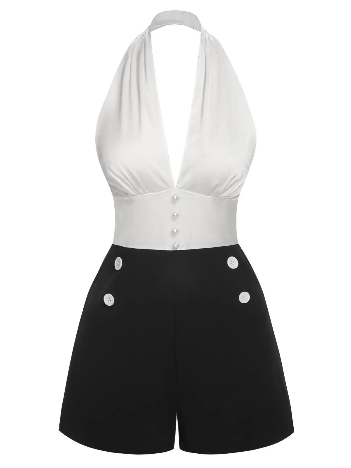 White & Black 1950s Deep-V Halter Romper