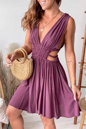 Wine V-Neck Short Dress With Side Cutouts