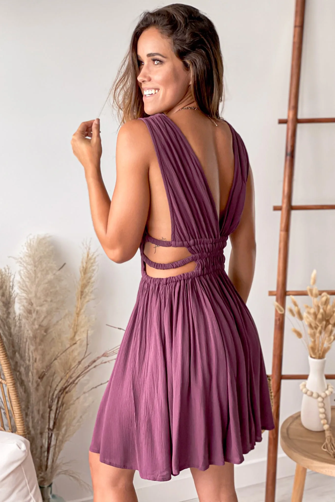 Wine V-Neck Short Dress With Side Cutouts