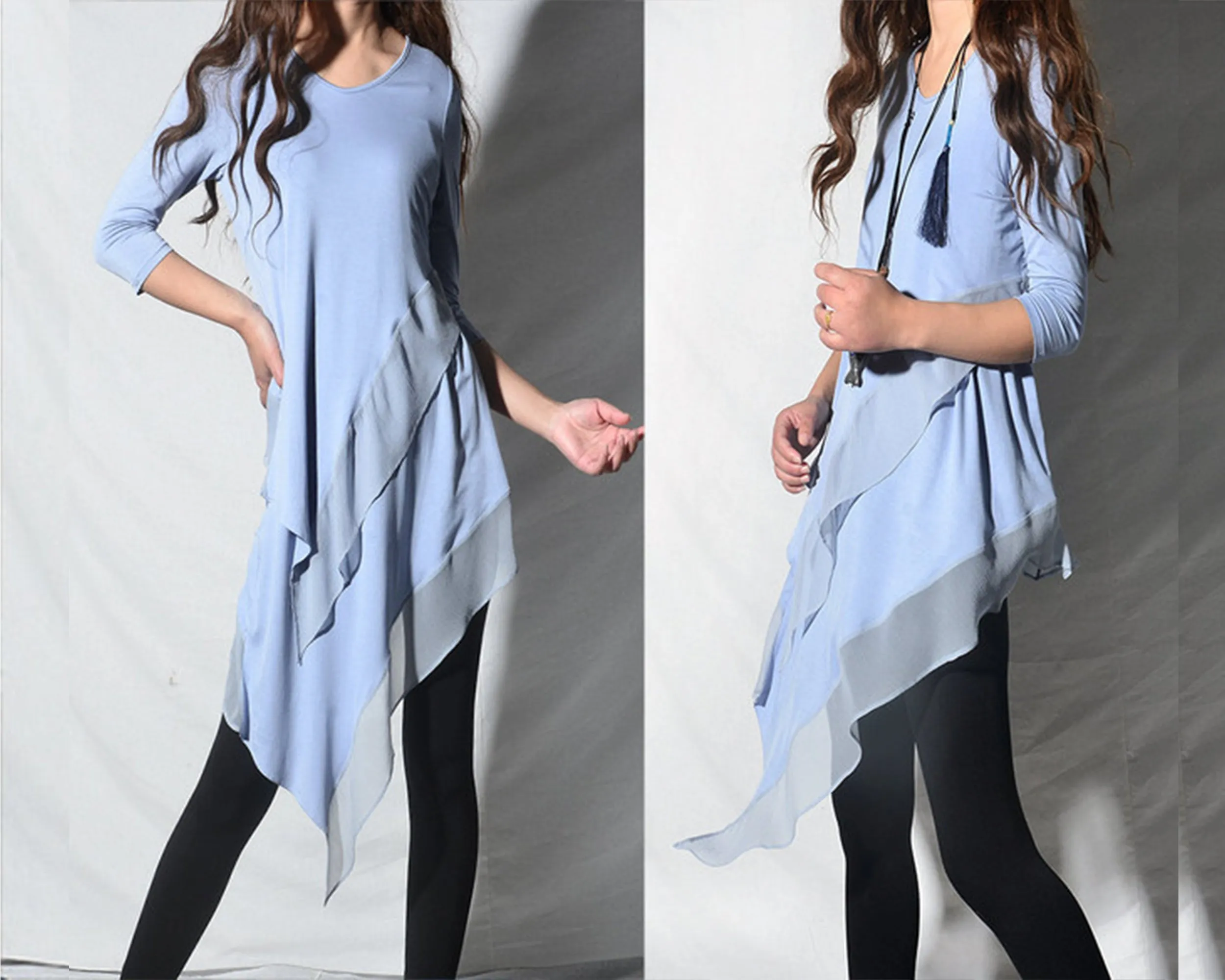 Women's 3/4 Sleeve Tunic top, Chiffon and Modal Tunic Dress, Asymmetrical Dress, Customized Dress, White dress, Casual t-shirt, half sleeve top(Q1997a)