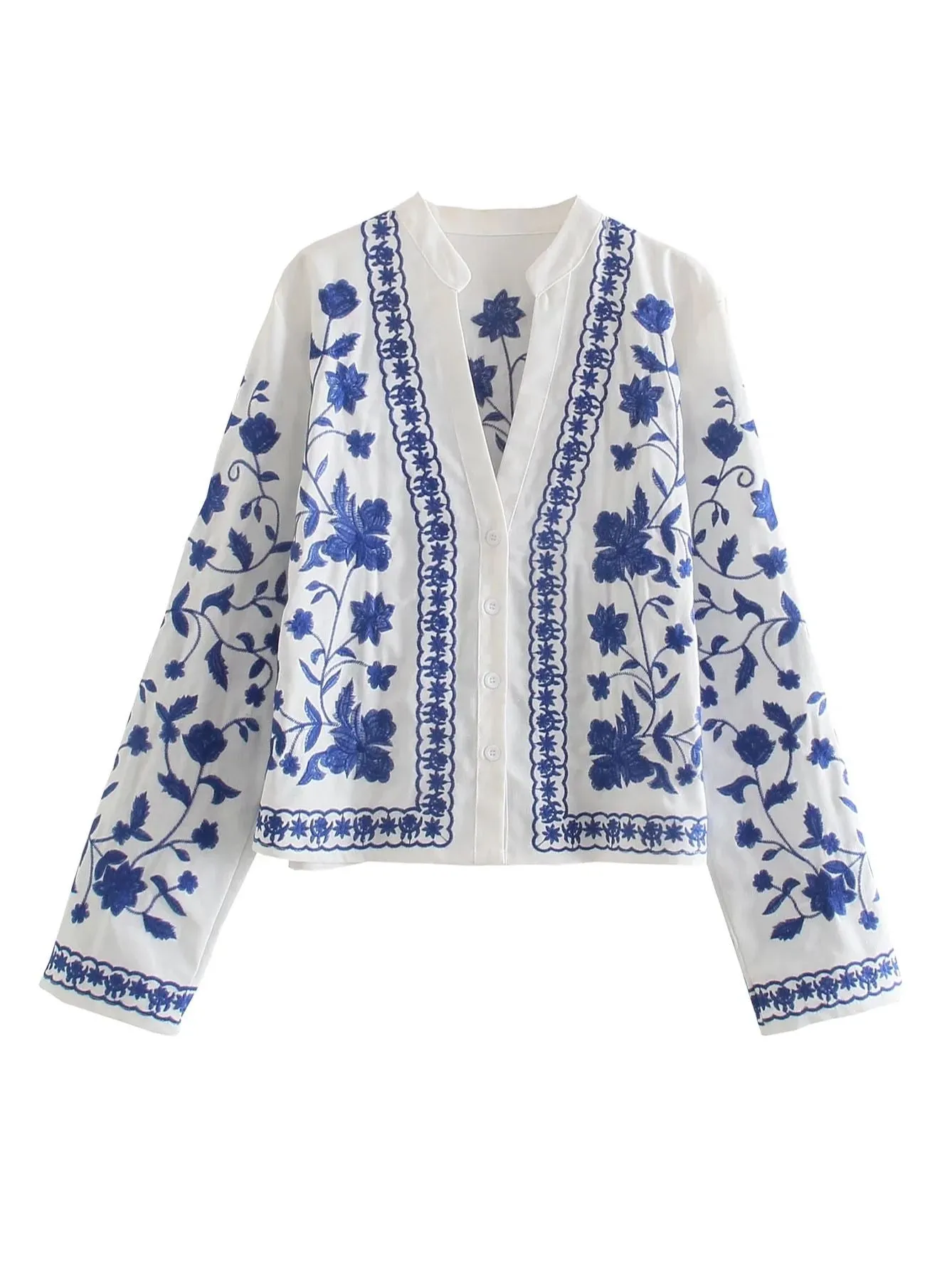 Womens Cotton Vintage Cardigan Embroidered Shirt